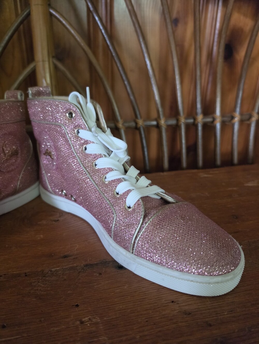 Christian Louboutin Sparkly Pink High Top Sneakers with Hot Pink Laces - Picture 7 of 16